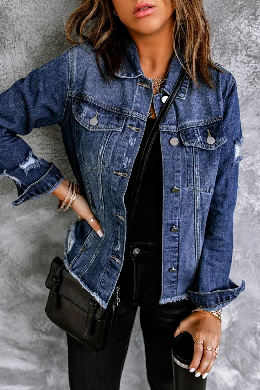 Lapel Distressed Raw Hem Buttons Denim Jacket sold by eAura