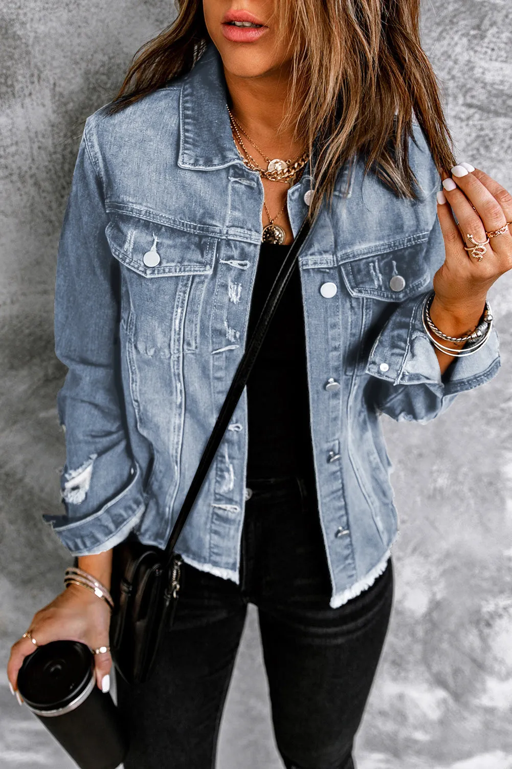 Lapel Distressed Raw Hem Buttons Denim Jacket sold by eAura product image thumbnail 4