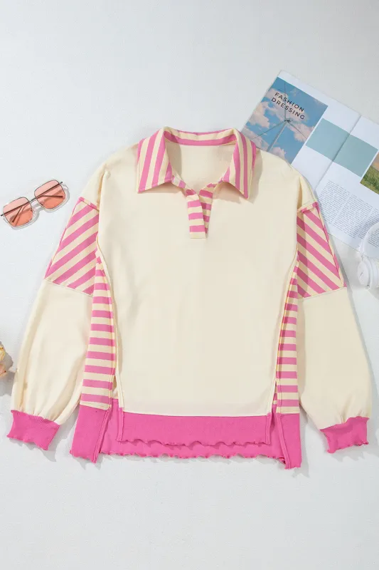 Pink Stripe Colourblock Patchwork Collared French Terry Knit Top sold by eAura