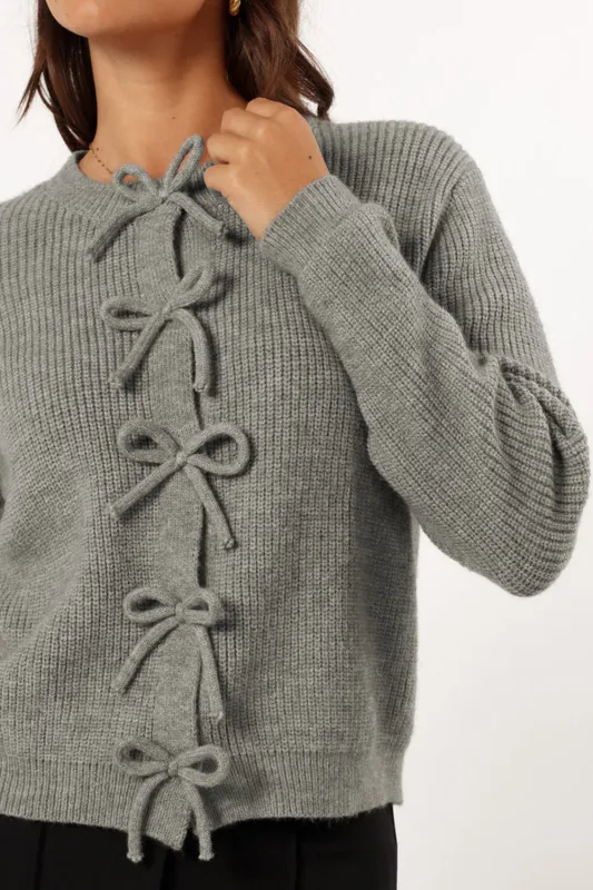 Philippine Grey Ribbed Knit Bow Front Buttoned Cardigan sold by eAura