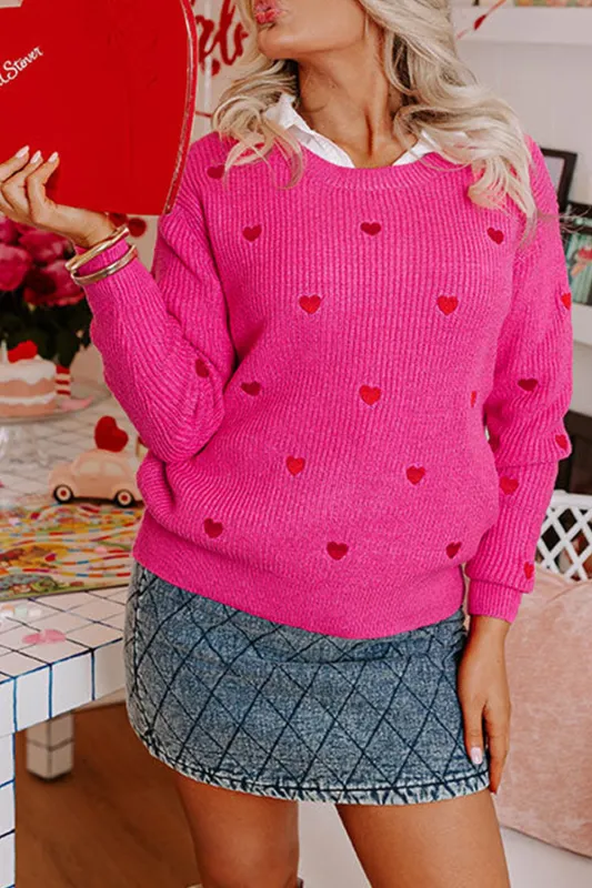 Rose Red Heart Shape Drop Shoulder Round Neck Sweater sold by eAura