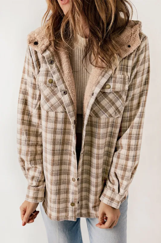 Khaki Plaid Pattern Sherpa Lined Hooded Shacket sold by eAura