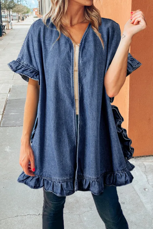 Dusk Blue Chambray Ruffle Hem Half Sleeve Open Loose Kimono sold by eAura