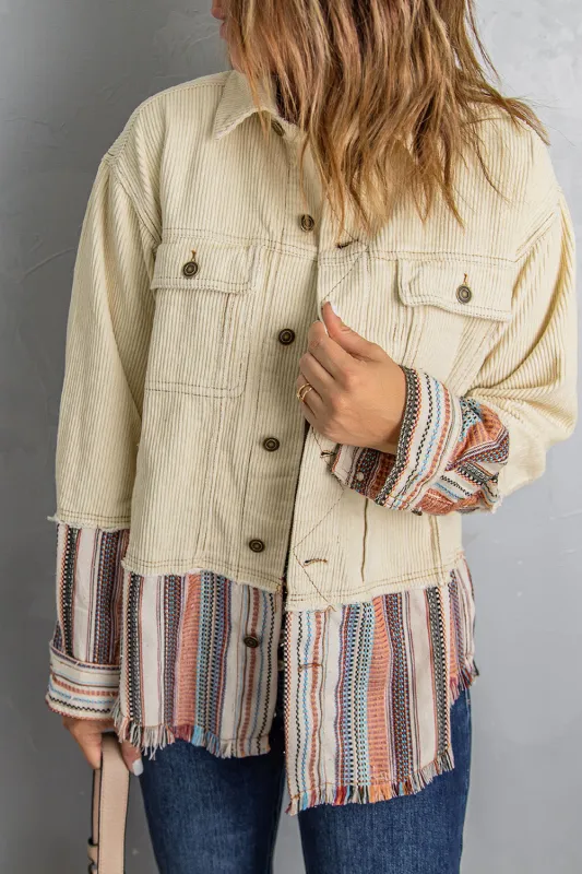 Button Up Pockets Striped Colour Block Corduroy Jacket sold by eAura