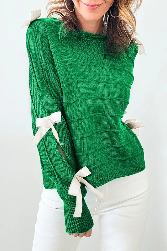 Bright Green Bow Knot Cut Out Round Neck Loose Sweater sold by eAura