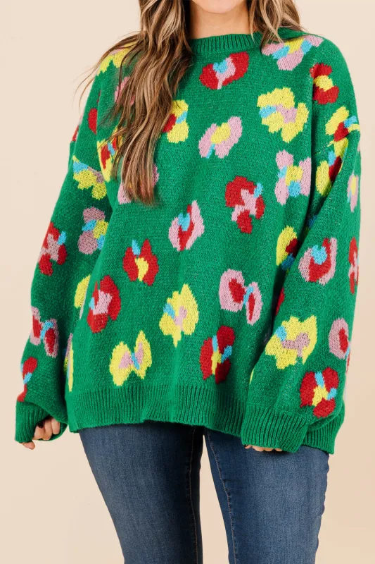 Green Plus Size Floral Knitted Ribbed Edge Drop Shoulder Sweater sold by eAura