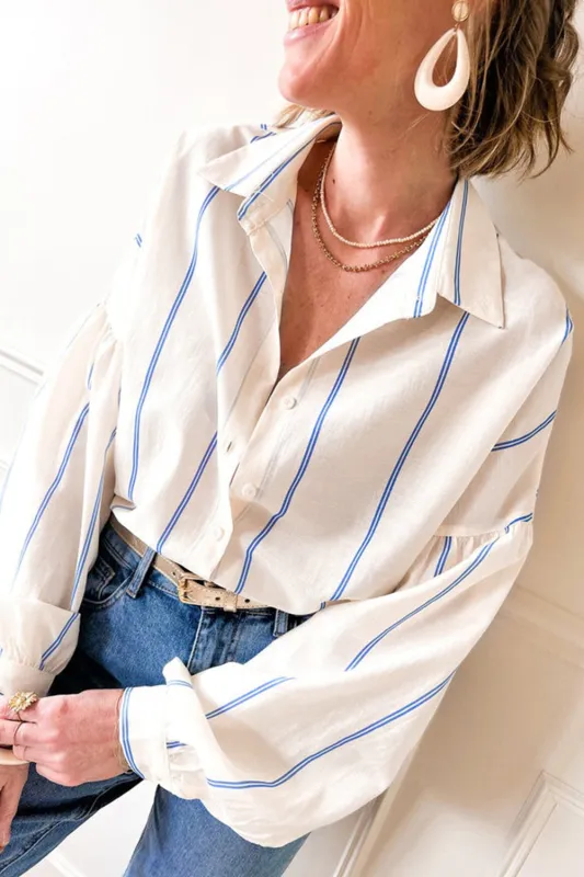 Sky Blue Stripe Drop Shoulder Bubble Sleeve Loose Shirt sold by eAura