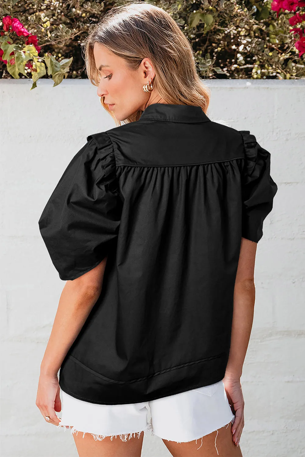 Black Crisp Puff Sleeve Loose Shirt sold by eAura product image thumbnail 2