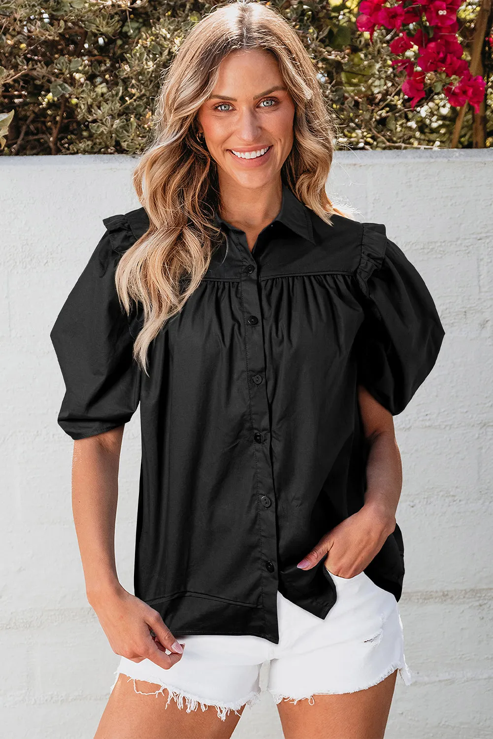 Black Crisp Puff Sleeve Loose Shirt sold by eAura