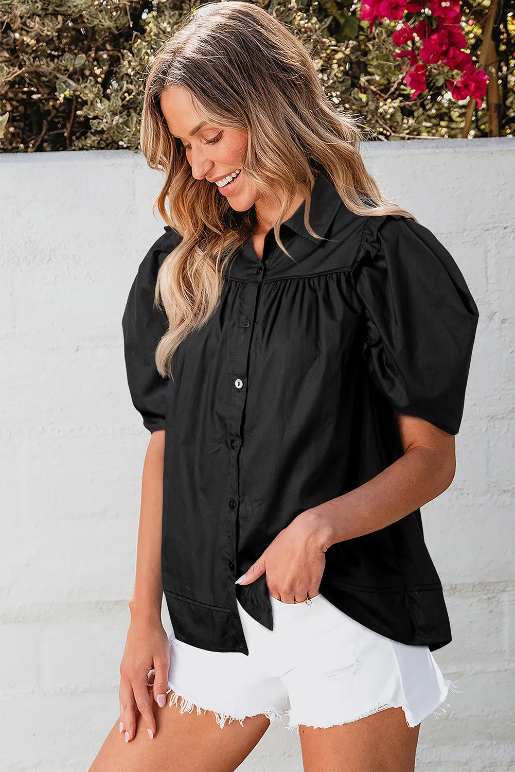 Black Crisp Puff Sleeve Loose Shirt sold by eAura product image thumbnail 3