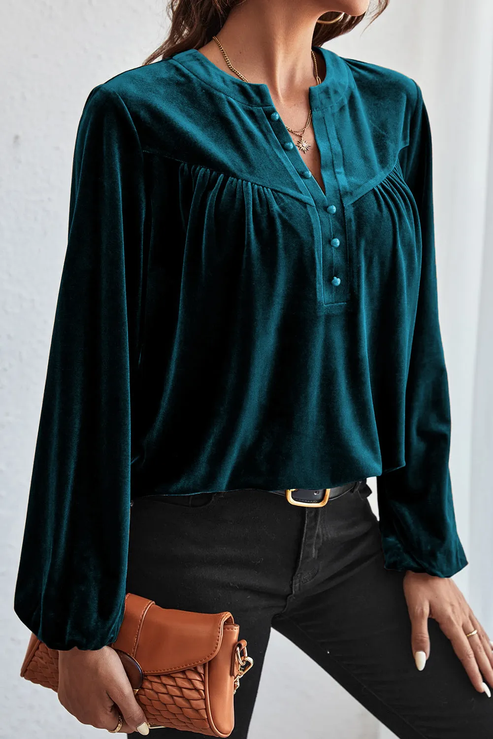 Skobeloff Lantern Sleeve Beaded Split V Neck Velvet Top sold by eAura product image thumbnail 3