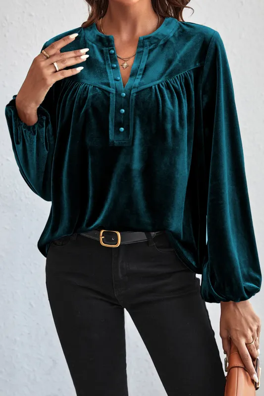 Skobeloff Lantern Sleeve Beaded Split V Neck Velvet Top sold by eAura