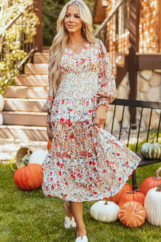 Khaki Floral Print Ruffled Tiered Long Sleeve V Neck Midi Dress sold by eAura