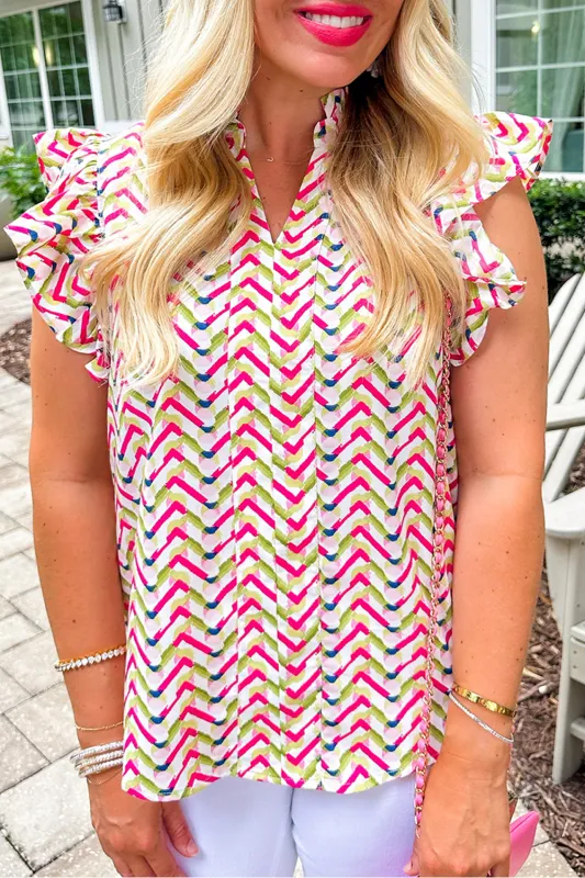 Multicolour Chevron Print Ruffled Sleeve Blouse sold by eAura