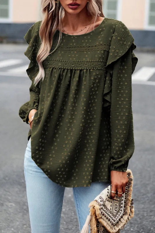 Blackish Green Lace Eyelet Ruffle Shoulder Long Sleeve Blouse sold by eAura