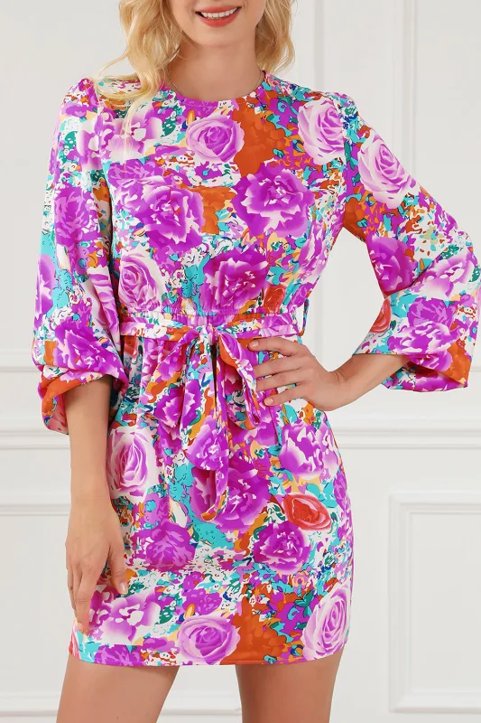 Purple Floral Keyhole Back Long Sleeve Belted Dress sold by eAura