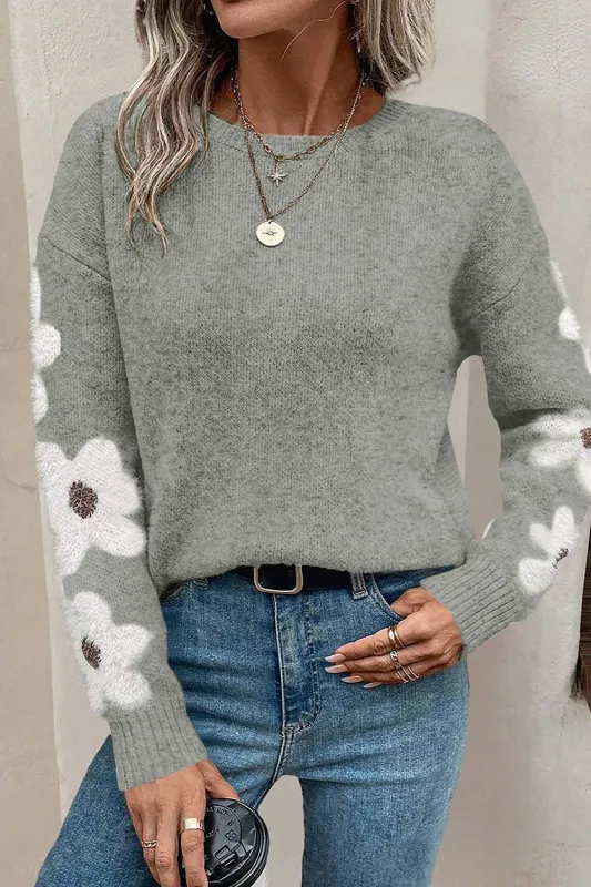 Light Grey Flower Sleeve Drop Shoulder Sweater sold by eAura