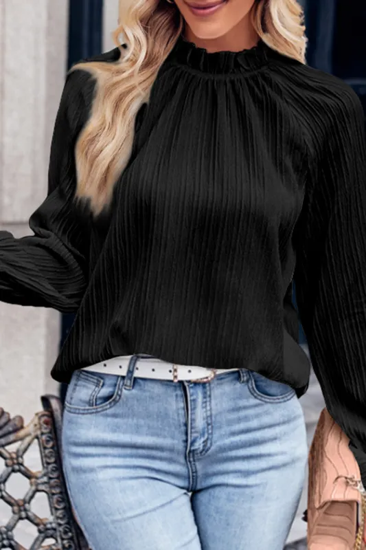 Black Frilled Mock Neck Ripple Bubble Sleeve Blouse sold by eAura