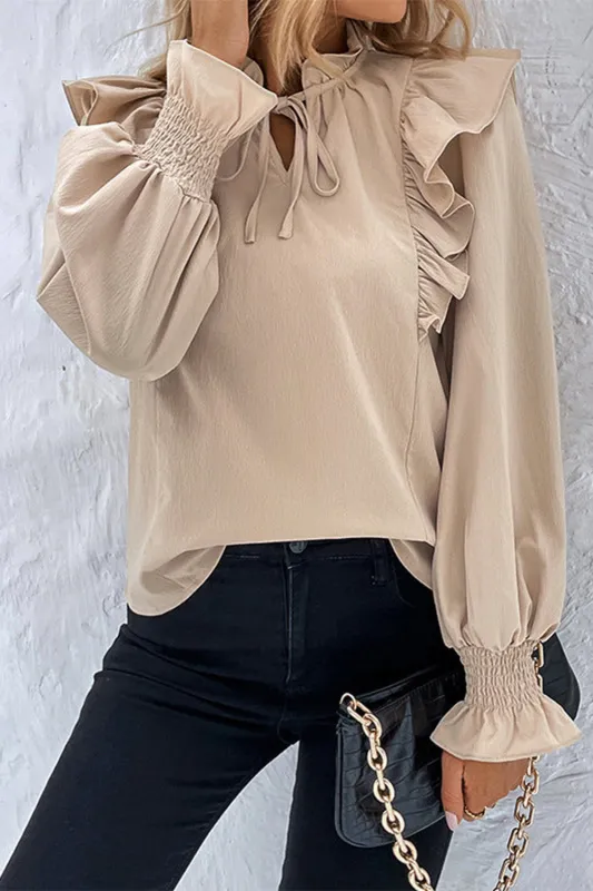 Khaki Ruffled Lace up Bubble Sleeve Blouse sold by eAura