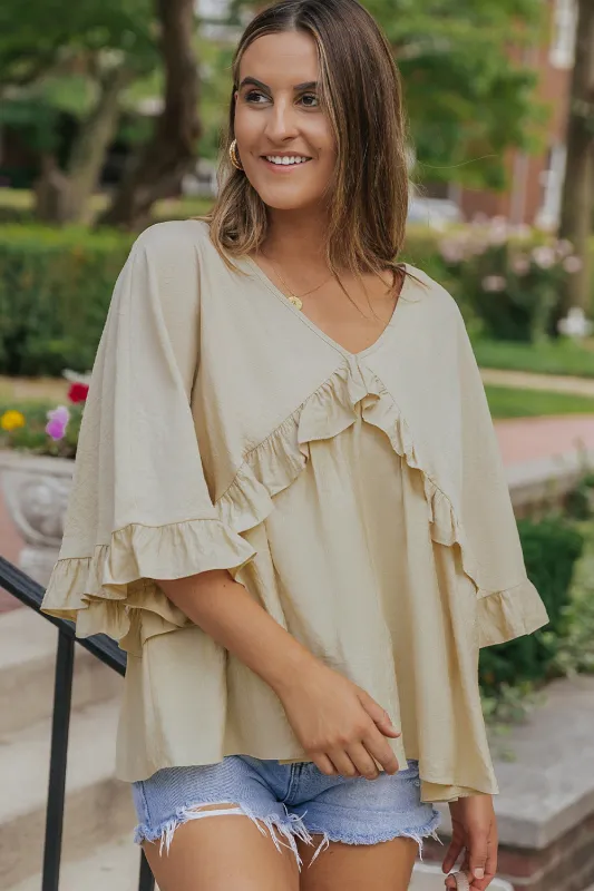 Apricot V Neck Draped Batwing Sleeve Ruffle Blouse sold by eAura