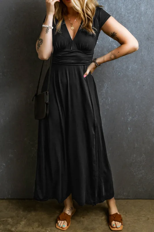Black Short Sleeve Shirred High Waist V Neck Maxi Dress sold by eAura