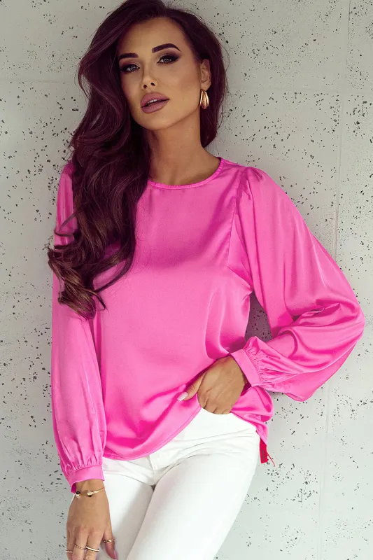 Pink Satin Puff Long Sleeve Crewneck Blouse sold by eAura