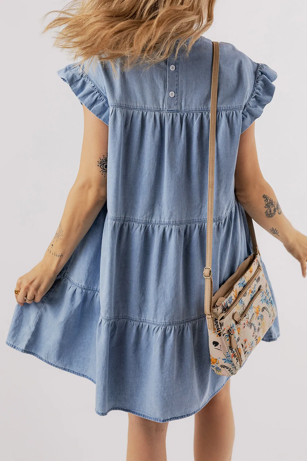 Beau Blue Ruffle Short Sleeve Tiered A-line Denim Dress sold by eAura product image thumbnail 3