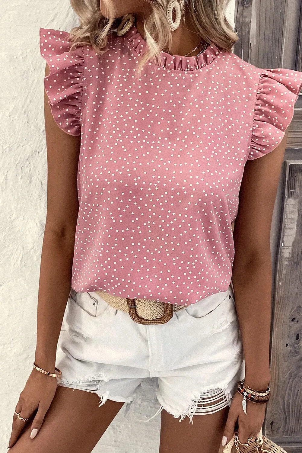 Pink Polka Dots Ruffle Flutter Sleeve Frilled Neck Blouse sold by eAura product image thumbnail 3