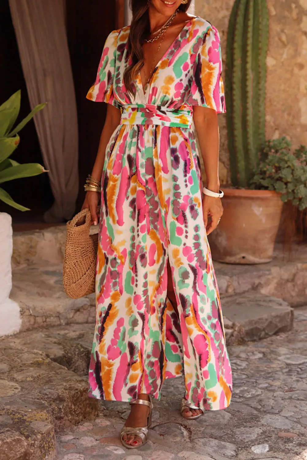 Pink Boho Tie-dye Print V Neck Maxi Dress sold by eAura