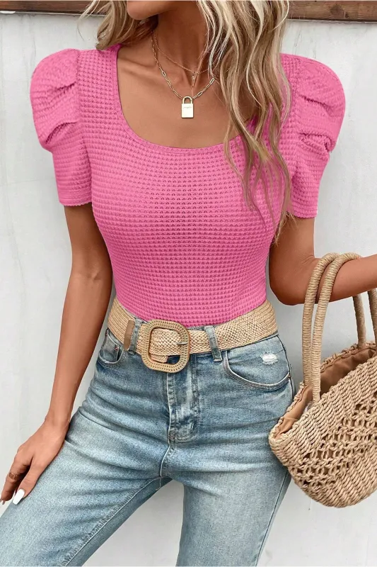 Bright Pink Waffle Knit Ruched Puff Sleeve Top sold by eAura