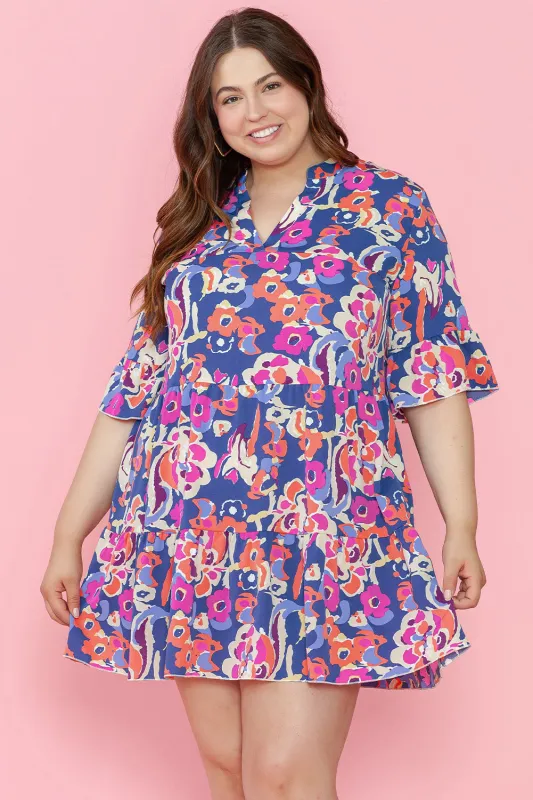 Blue Plus Size Floral Print Ruffled 3/4 Sleeve Mini Dress sold by eAura