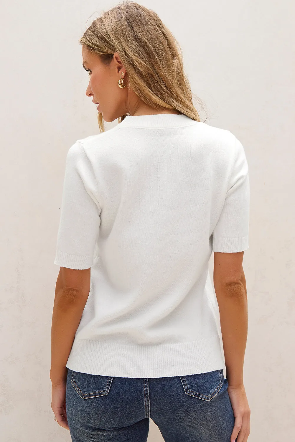 White Cute Flower Applique Short Sleeve Sweater sold by eAura product image thumbnail 2