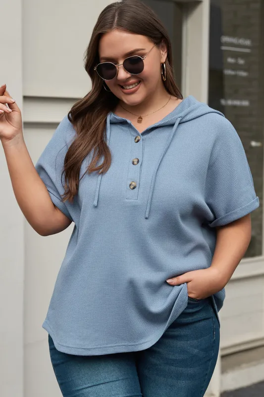 Ashleigh Blue Plus Size Waffle Knit Short Sleeve Drawstring Hoodie sold by eAura