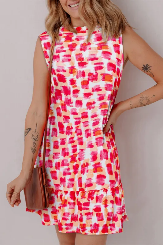 Pink Abstract Print Frilly Neck Sleeveless Mini Dress sold by eAura