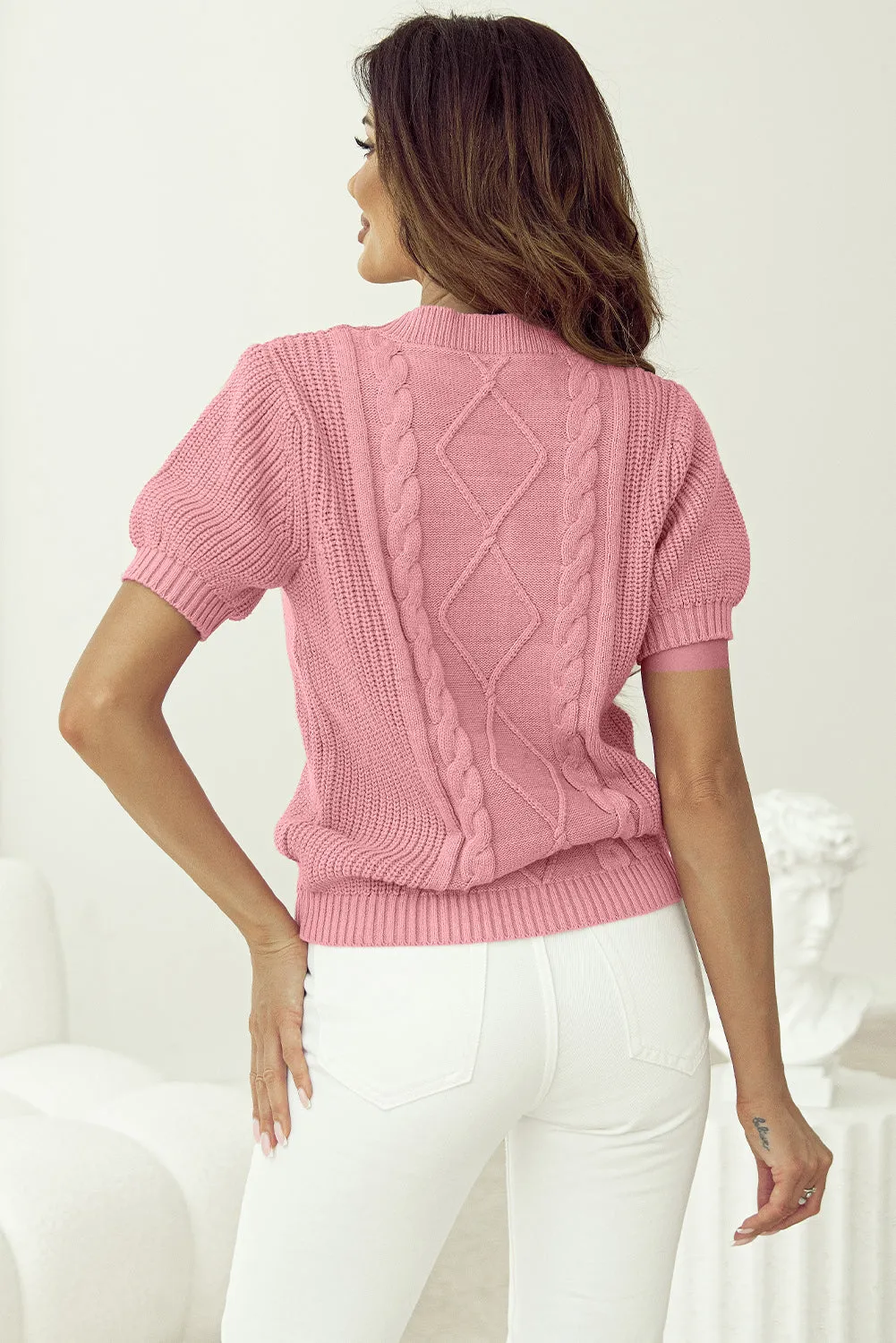 Pink Cable Knit Mixed Textured Short Sleeve Sweater sold by eAura product image thumbnail 2