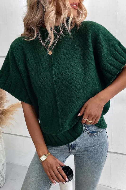 Blackish Green Mock Neck Batwing Short Sleeve Knit Sweater sold by eAura