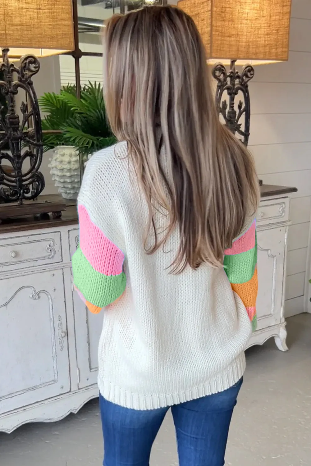 White Flower Graphic Colourblock Sleeve Crew Neck Sweater sold by eAura product image thumbnail 2