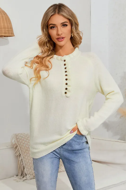 Beige Frill Trim Buttoned Knit Pullover Sweater sold by eAura