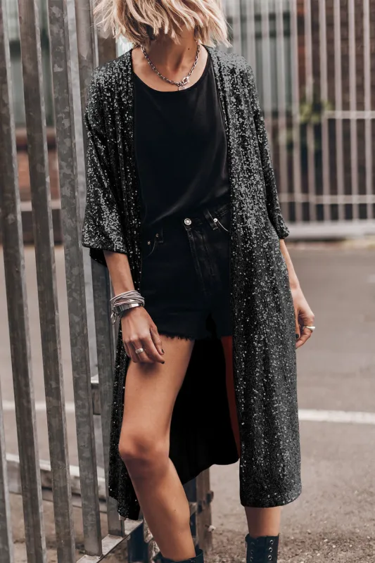 Black Sequin 3/4 Sleeve Open Front Duster Kimono sold by eAura