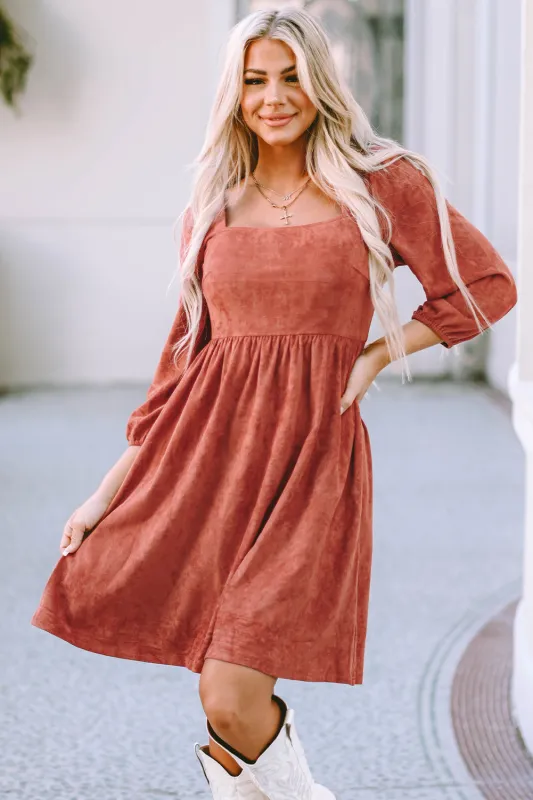 Brown Suede Square Neck Puff Sleeve Dress sold by eAura