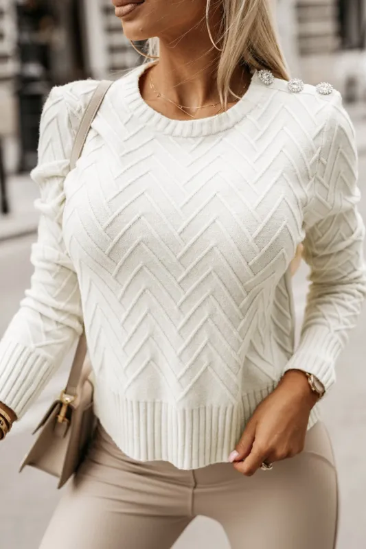 White Textured Knit Button Decor Pullover Sweater sold by eAura