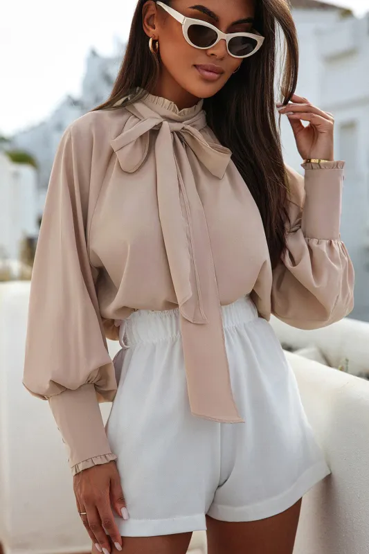 Frilled Knotted Mock Neck Bishop Sleeve Blouse sold by eAura