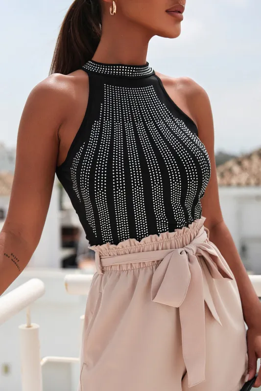 Black High Neck Sleeveless Diamante Bodysuit sold by eAura