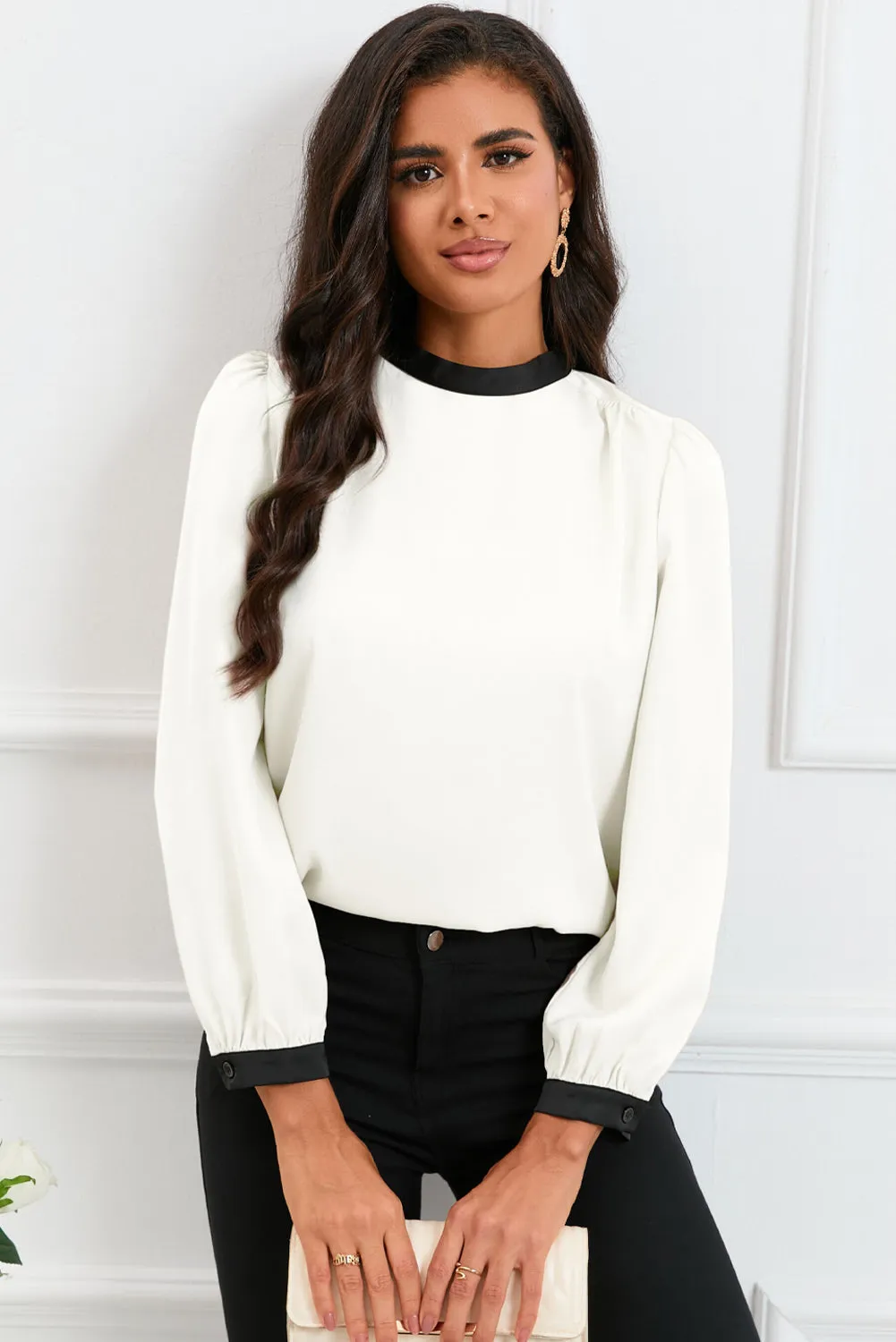 White Colour Block Bow Back Mock Neck Blouse sold by eAura