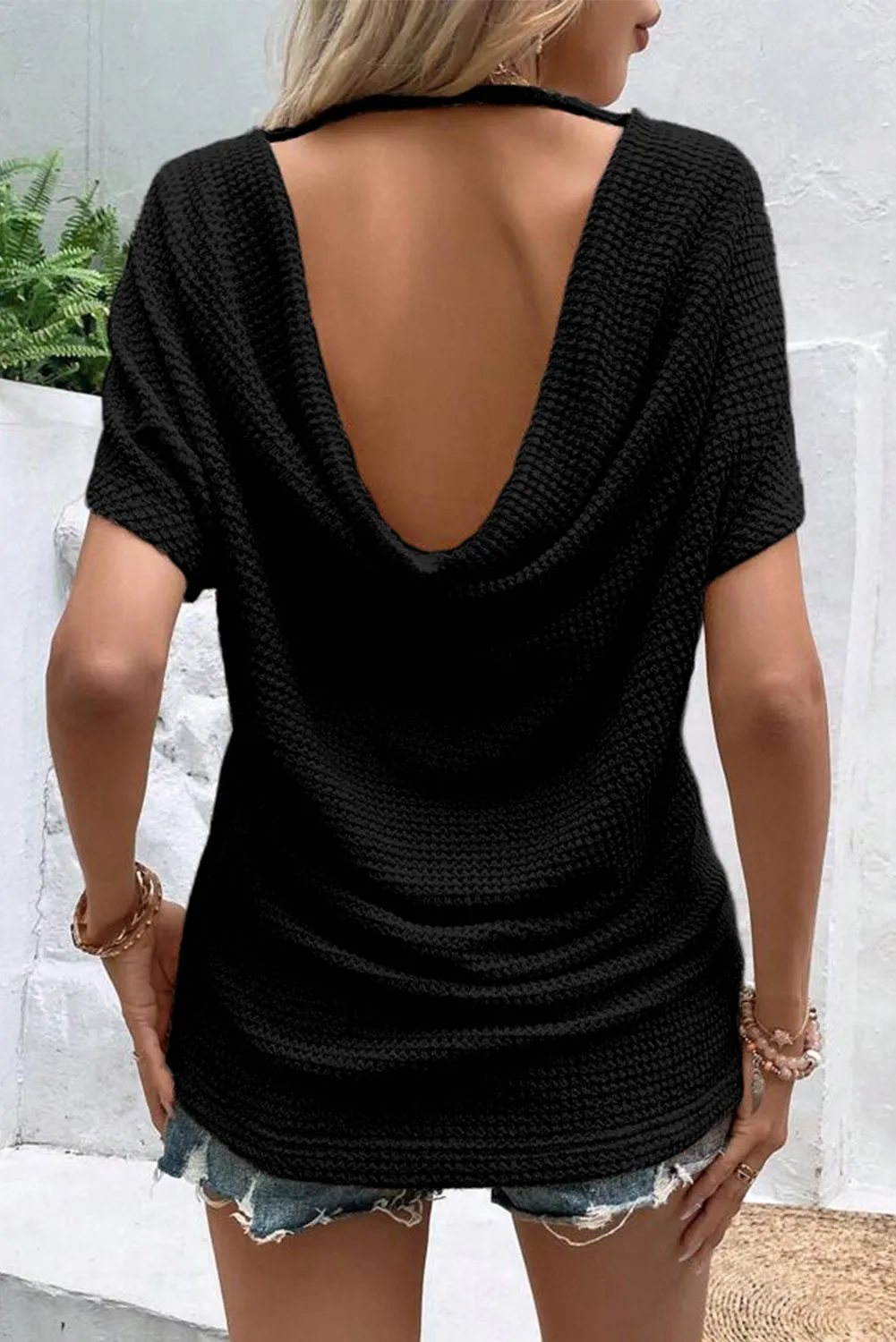 Black Draped Open Back Textured Tee sold by eAura product image thumbnail 2