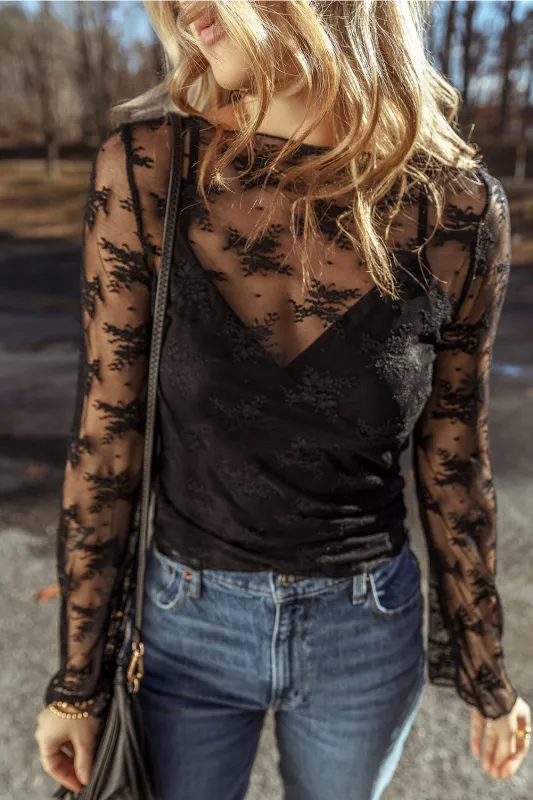 Black Lace Mesh Crochet Splicing Slim Fit Long Sleeve Blouse sold by eAura