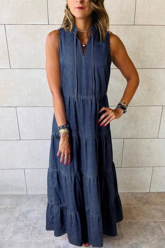 Real Teal Sleeveless Tiered Chambray Maxi Dress sold by eAura
