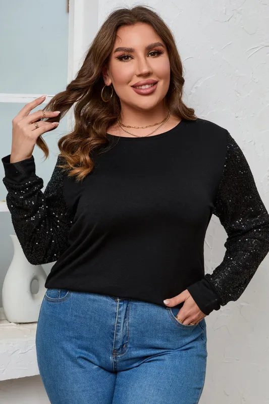 Black Sequin Contrast Long Sleeve Plus Size Top sold by eAura