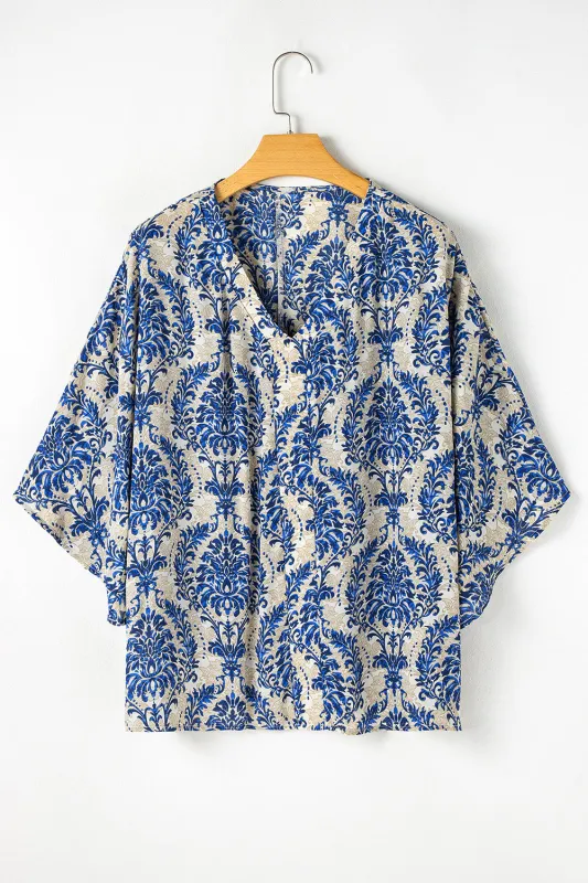 Blue Plus Size Ethnic Printed 3/4 Sleeve V Neck Loose Blouse sold by eAura