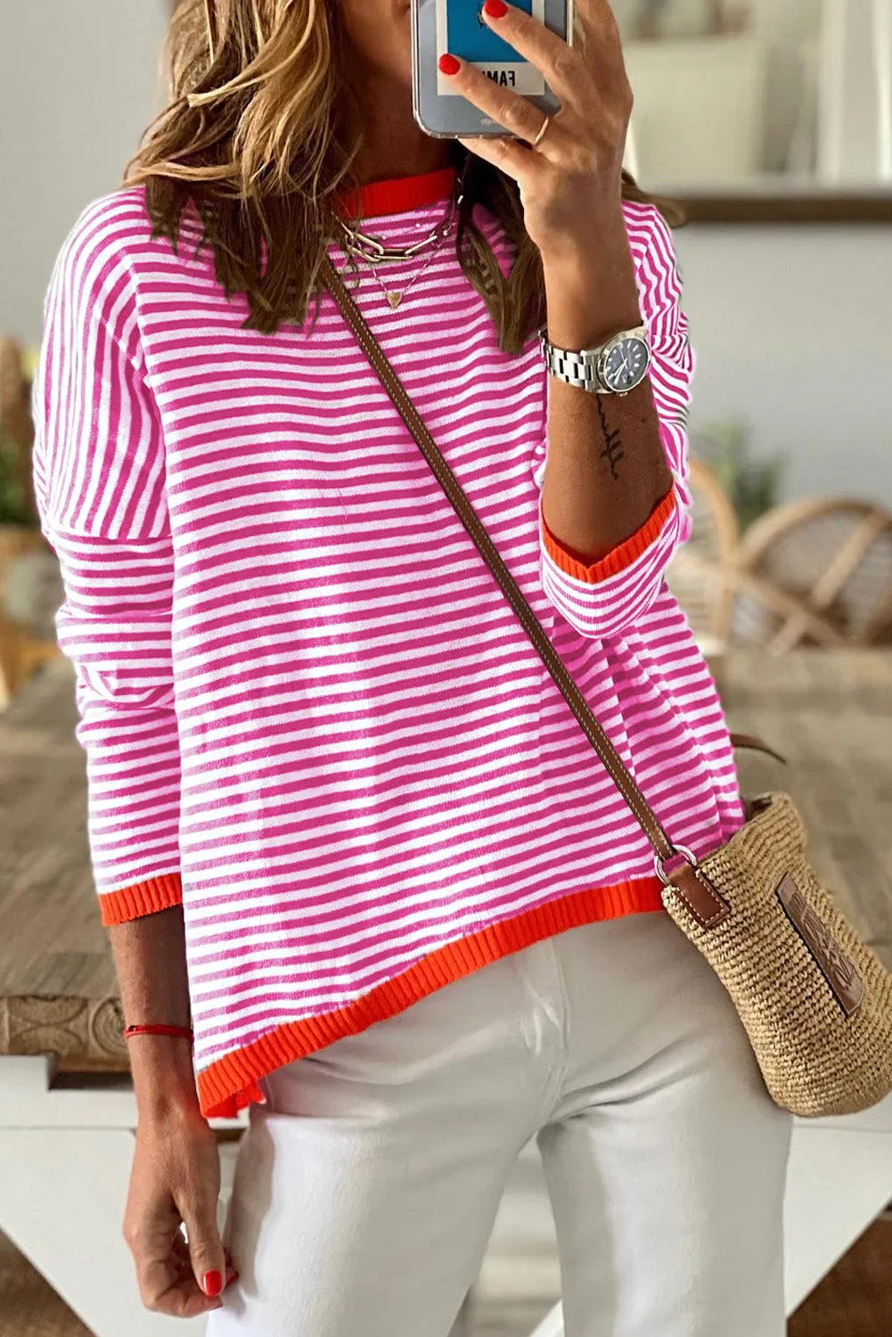 Contrast Trimmed Striped Drop Shoulder Sweater sold by eAura product image thumbnail 4